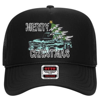 Old Truck Christmas Tree Vintage Merry Xmas High Crown Mesh Back Trucker Hat