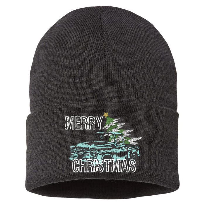 Old Truck Christmas Tree Vintage Merry Xmas Sustainable Knit Beanie