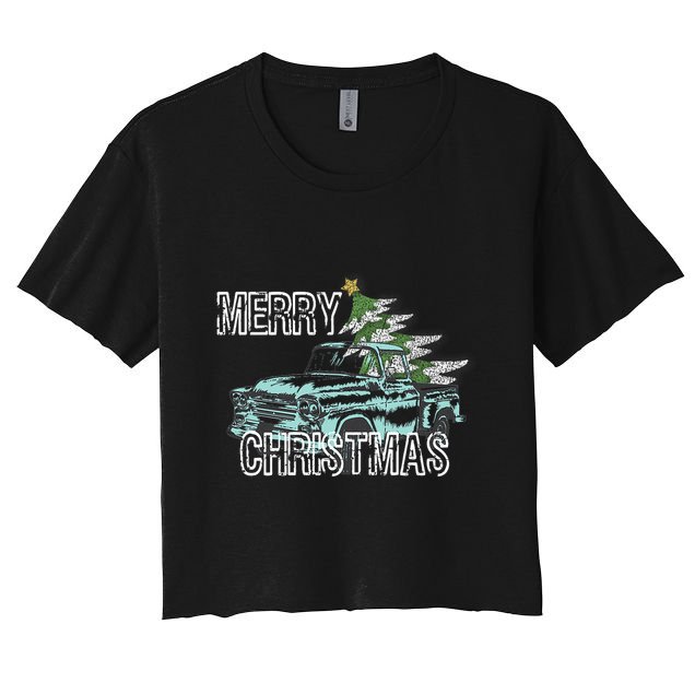 Old Truck Christmas Tree Vintage Merry Xmas Crop Top