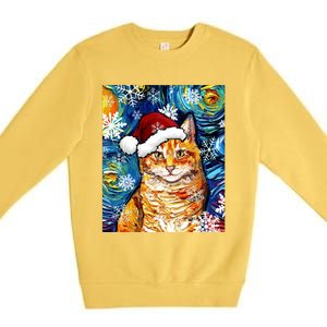 Orange Tabby Cat Santa Starry Night Christmas Art By Aja Funny Gift Premium Crewneck Sweatshirt