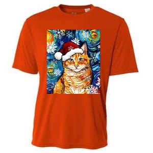 Orange Tabby Cat Santa Starry Night Christmas Art By Aja Funny Gift Cooling Performance Crew T-Shirt