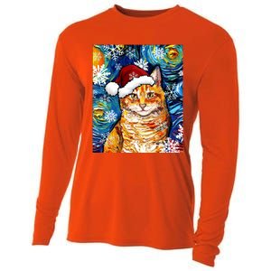 Orange Tabby Cat Santa Starry Night Christmas Art By Aja Funny Gift Cooling Performance Long Sleeve Crew