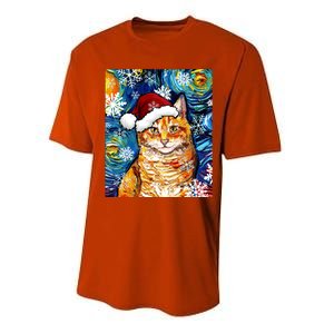 Orange Tabby Cat Santa Starry Night Christmas Art By Aja Funny Gift Performance Sprint T-Shirt