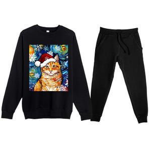 Orange Tabby Cat Santa Starry Night Christmas Art By Aja Funny Gift Premium Crewneck Sweatsuit Set