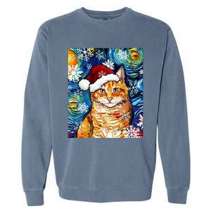 Orange Tabby Cat Santa Starry Night Christmas Art By Aja Funny Gift Garment-Dyed Sweatshirt