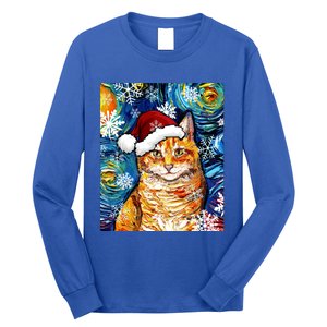 Orange Tabby Cat Santa Starry Night Christmas Art By Aja Funny Gift Long Sleeve Shirt