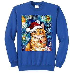 Orange Tabby Cat Santa Starry Night Christmas Art By Aja Funny Gift Sweatshirt