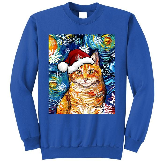 Orange Tabby Cat Santa Starry Night Christmas Art By Aja Funny Gift Sweatshirt