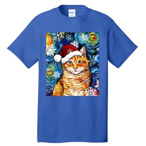 Orange Tabby Cat Santa Starry Night Christmas Art By Aja Funny Gift Tall T-Shirt