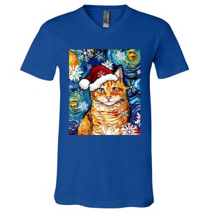 Orange Tabby Cat Santa Starry Night Christmas Art By Aja Funny Gift V-Neck T-Shirt