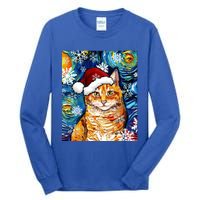 Orange Tabby Cat Santa Starry Night Christmas Art By Aja Funny Gift Tall Long Sleeve T-Shirt