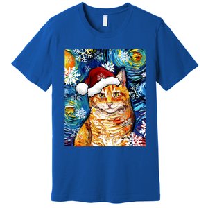 Orange Tabby Cat Santa Starry Night Christmas Art By Aja Funny Gift Premium T-Shirt