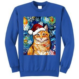 Orange Tabby Cat Santa Starry Night Christmas Art By Aja Funny Gift Tall Sweatshirt