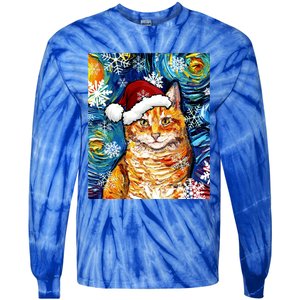 Orange Tabby Cat Santa Starry Night Christmas Art By Aja Funny Gift Tie-Dye Long Sleeve Shirt