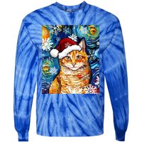 Orange Tabby Cat Santa Starry Night Christmas Art By Aja Funny Gift Tie-Dye Long Sleeve Shirt