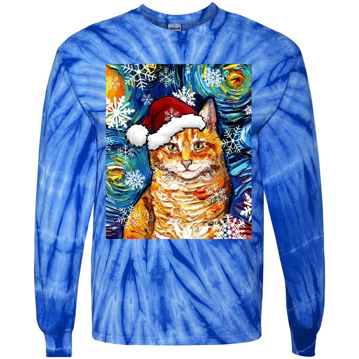 Orange Tabby Cat Santa Starry Night Christmas Art By Aja Funny Gift Tie-Dye Long Sleeve Shirt