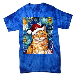 Orange Tabby Cat Santa Starry Night Christmas Art By Aja Funny Gift Tie-Dye T-Shirt