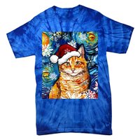 Orange Tabby Cat Santa Starry Night Christmas Art By Aja Funny Gift Tie-Dye T-Shirt