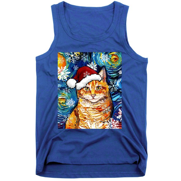 Orange Tabby Cat Santa Starry Night Christmas Art By Aja Funny Gift Tank Top