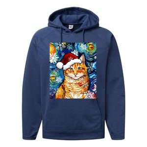 Orange Tabby Cat Santa Starry Night Christmas Art By Aja Funny Gift Performance Fleece Hoodie