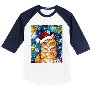 Orange Tabby Cat Santa Starry Night Christmas Art By Aja Funny Gift Baseball Sleeve Shirt