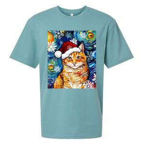 Orange Tabby Cat Santa Starry Night Christmas Art By Aja Funny Gift Sueded Cloud Jersey T-Shirt