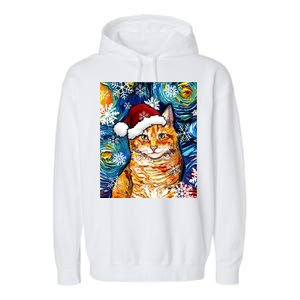 Orange Tabby Cat Santa Starry Night Christmas Art By Aja Funny Gift Garment-Dyed Fleece Hoodie