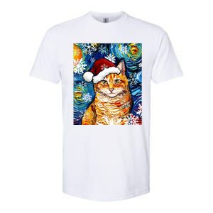 Orange Tabby Cat Santa Starry Night Christmas Art By Aja Funny Gift Softstyle CVC T-Shirt