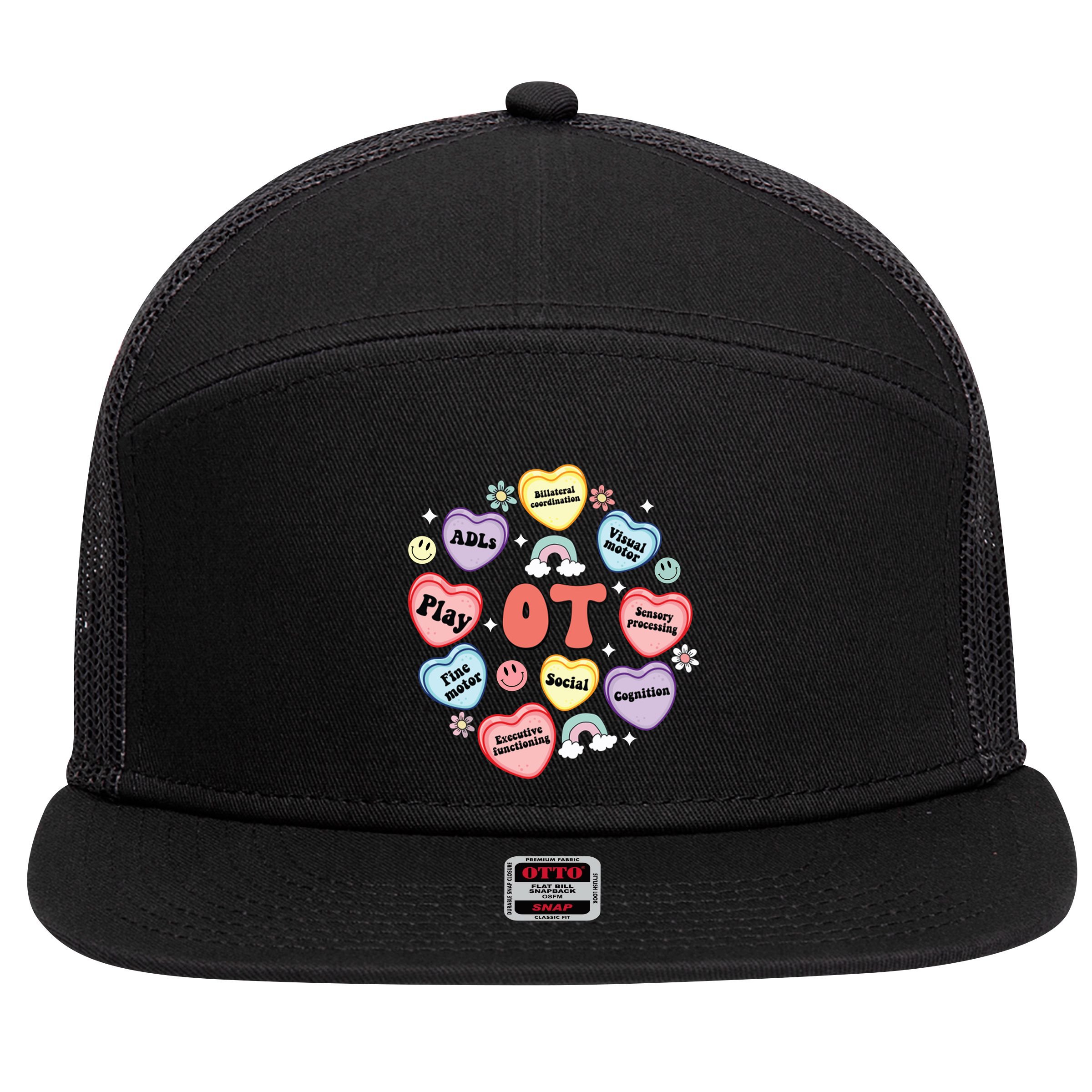 Occupational Therapy Candy Heart Valentines Day 7 Panel Mesh Trucker Snapback Hat
