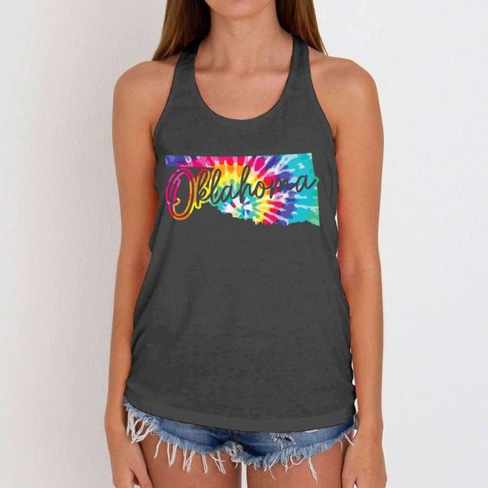 Oklahoma Tie Dye State Map Pride Hippie Vintage Retro Women's Knotted Racerback Tank