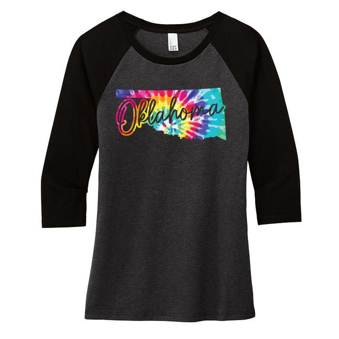 Oklahoma Tie Dye State Map Pride Hippie Vintage Retro Women's Tri-Blend 3/4-Sleeve Raglan Shirt