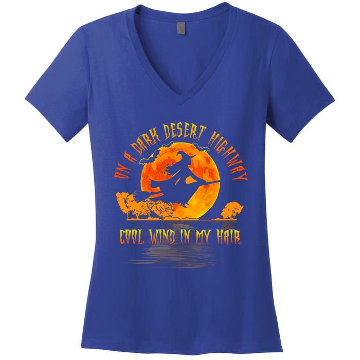 On The Dark Desert Highway Witch Riding Broom Night Hippies Cute Gift Women's V-Neck T-Shirt