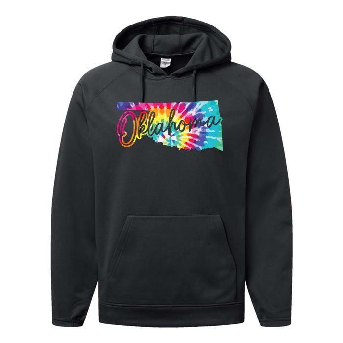 Oklahoma Tie Dye State Map Pride Hippie Vintage Retro Performance Fleece Hoodie