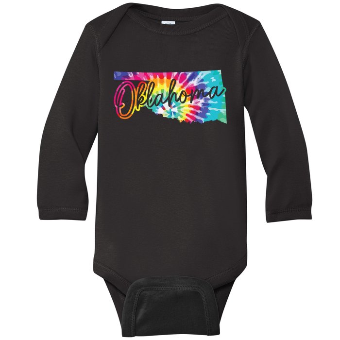 Oklahoma Tie Dye State Map Pride Hippie Vintage Retro Baby Long Sleeve Bodysuit