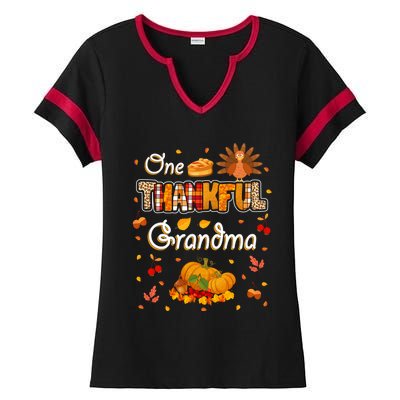 One Thankful Grandma Fall Leaves Autumn Grandma Thanksgiving Gift Ladies Halftime Notch Neck Tee