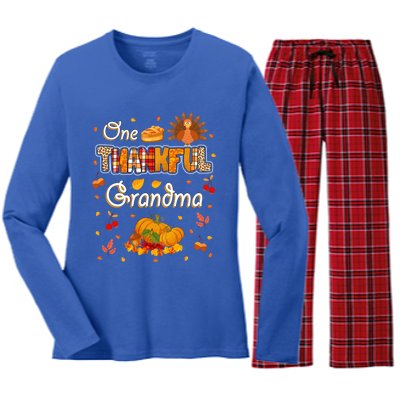 One Thankful Grandma Fall Leaves Autumn Grandma Thanksgiving Gift Women's Long Sleeve Flannel Pajama Set 