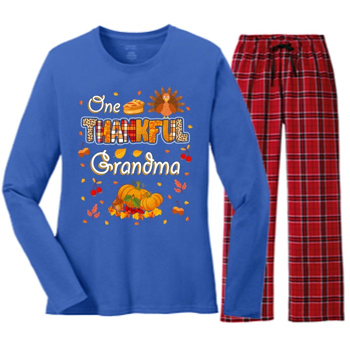 One Thankful Grandma Fall Leaves Autumn Grandma Thanksgiving Gift Women's Long Sleeve Flannel Pajama Set 