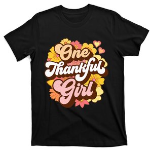 One Thankful Girl Retro Groovy Fall Thanksgiving Flowers T-Shirt