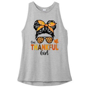 One Thankful Girl Thanksgiving Messy Bun Leopard Ladies PosiCharge Tri-Blend Wicking Tank