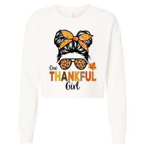 One Thankful Girl Thanksgiving Messy Bun Leopard Cropped Pullover Crew