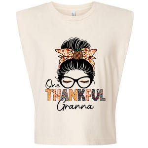 One Thankful Granna Leopard Messy Bun Thanksgiving Family Gift Garment-Dyed Women's Muscle Tee