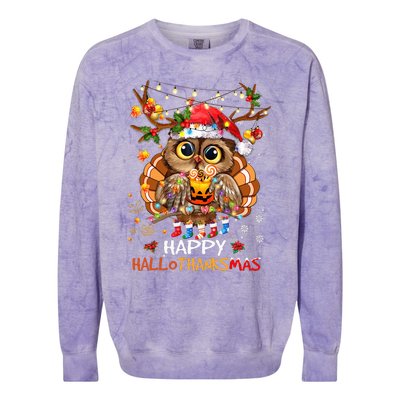 Owl Thankgiving Halloween Christmas Happy Hallothanksmas Colorblast Crewneck Sweatshirt