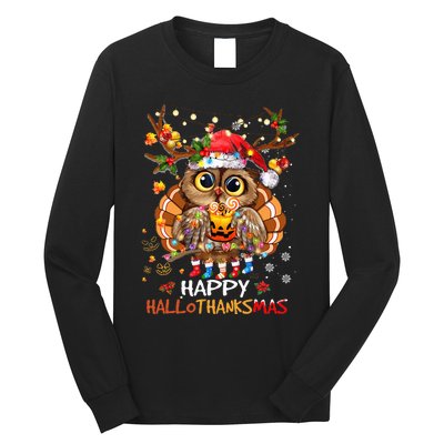 Owl Thankgiving Halloween Christmas Happy Hallothanksmas Long Sleeve Shirt