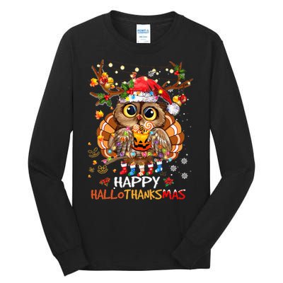 Owl Thankgiving Halloween Christmas Happy Hallothanksmas Tall Long Sleeve T-Shirt