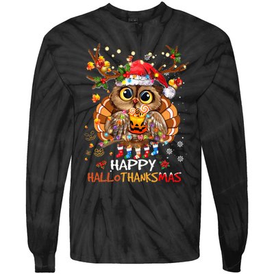 Owl Thankgiving Halloween Christmas Happy Hallothanksmas Tie-Dye Long Sleeve Shirt