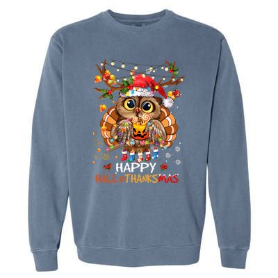 Owl Thankgiving Halloween Christmas Happy Hallothanksmas Garment-Dyed Sweatshirt