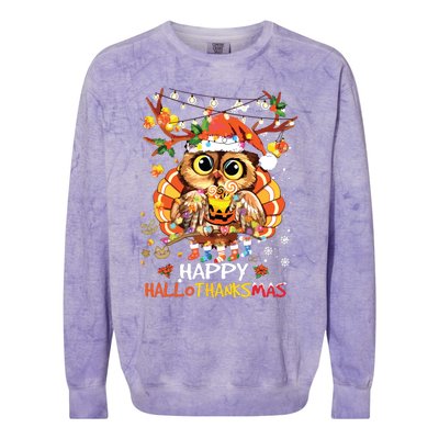 Owl Thankgiving Halloween Christmas Happy Hallothanksmas Colorblast Crewneck Sweatshirt