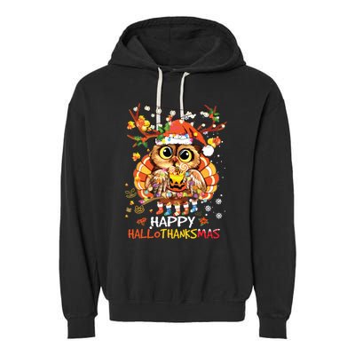 Owl Thankgiving Halloween Christmas Happy Hallothanksmas Garment-Dyed Fleece Hoodie