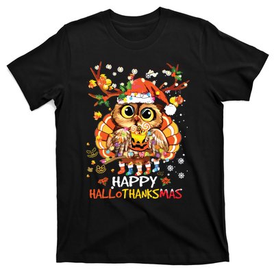 Owl Thankgiving Halloween Christmas Happy Hallothanksmas T-Shirt