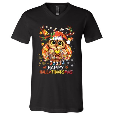 Owl Thankgiving Halloween Christmas Happy Hallothanksmas V-Neck T-Shirt